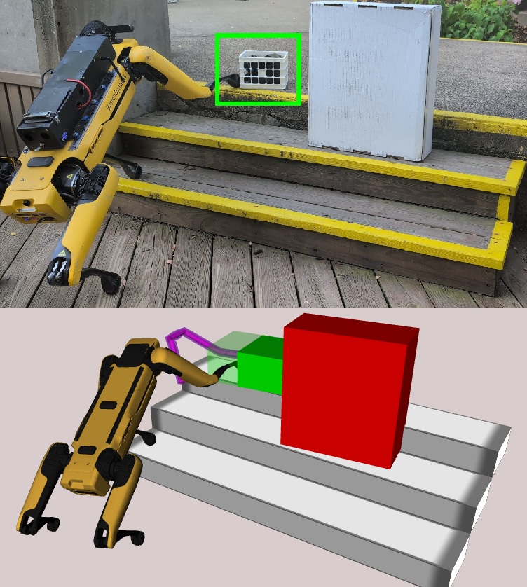 Action-Informed Estimation and Planning: Clearing Clutter on Staircases via Quadrupedal Pedipulation